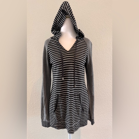 None Tops - Striped Hooded Pullover Hi-Low Hem & Kangaroo Pocket - Size S